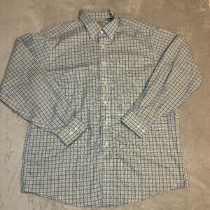 LL Bean Button Down Long Sleeve Shirt Mens Large Plaid Outdoor 0MT78 Blue Yellow